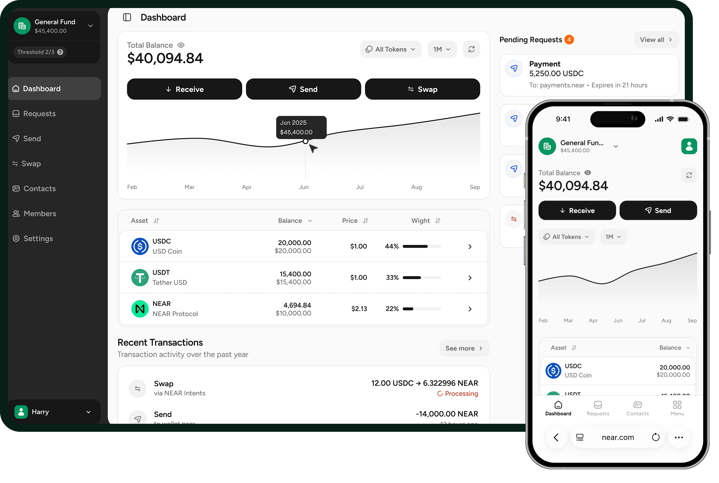 The NEAR Business dashboard on desktop and on a phone